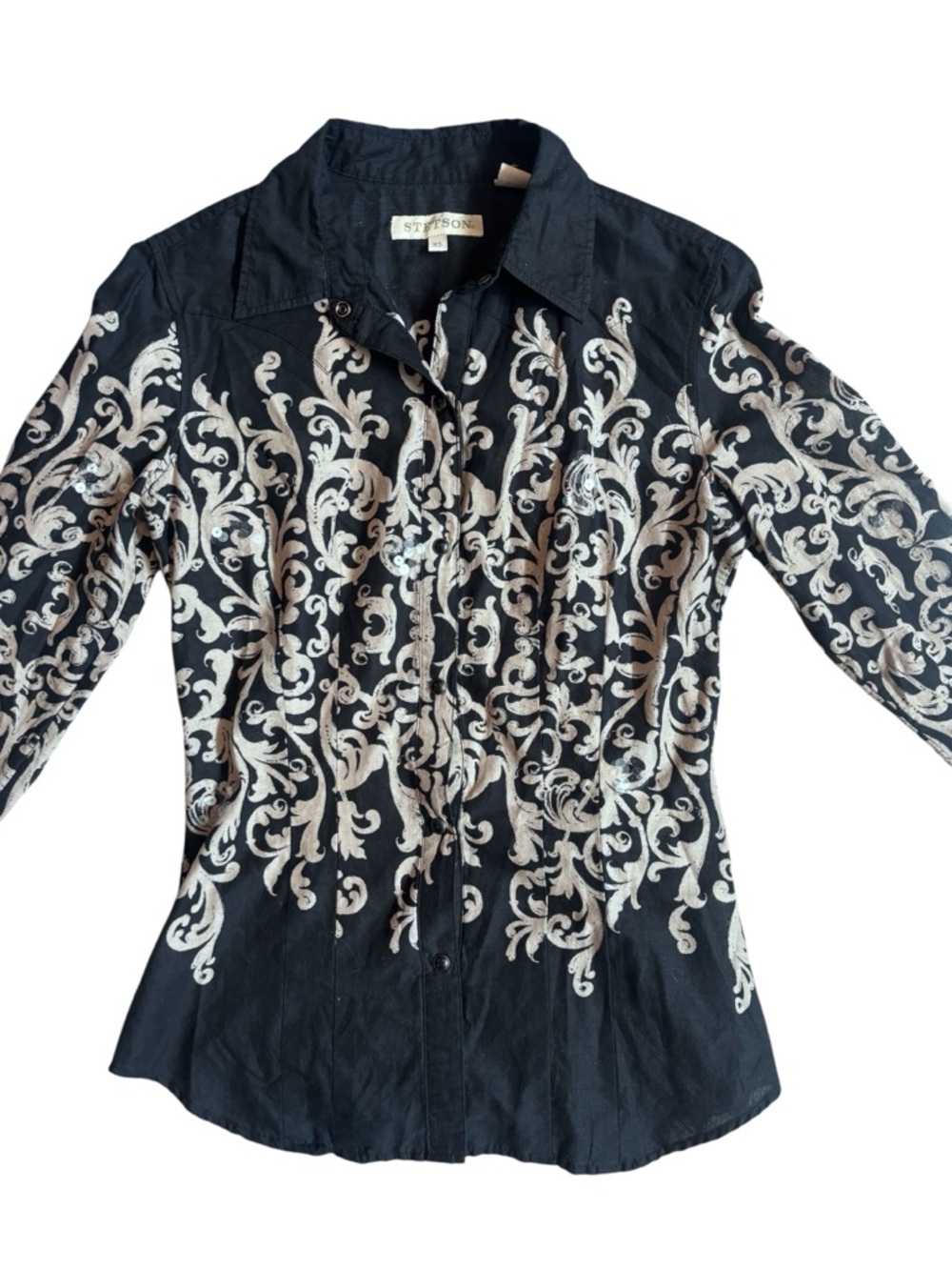 Stetson Western Button Up Shirt Black Silver Scroll Print Rhinestone Detail XS